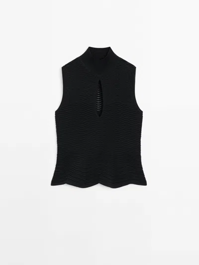 Massimo Dutti Zigzag Knit Mock Turtleneck Top In Black