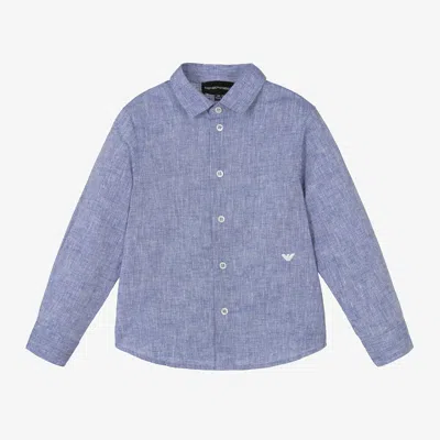 Shop Emporio Armani Boys Blue Cotton & Linen Shirt