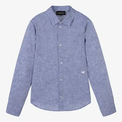 Shop Emporio Armani Teen Boys Blue Cotton & Linen Shirt