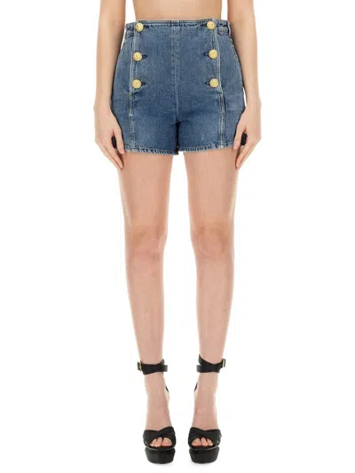 Shop Balmain Iconic Button-down Shorts In Denim
