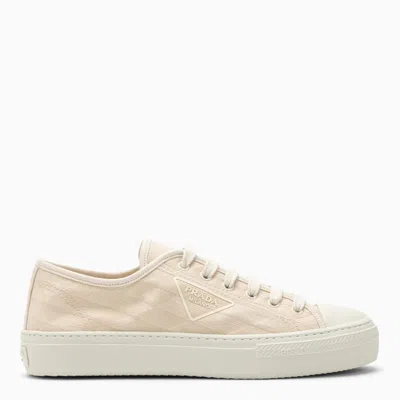 Shop Prada Ivory Fabric Trainer With Logo Embroidery In Beige