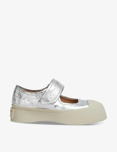 Shop Marni Pablo Metallic-leather Mary Jane Trainers In Silver