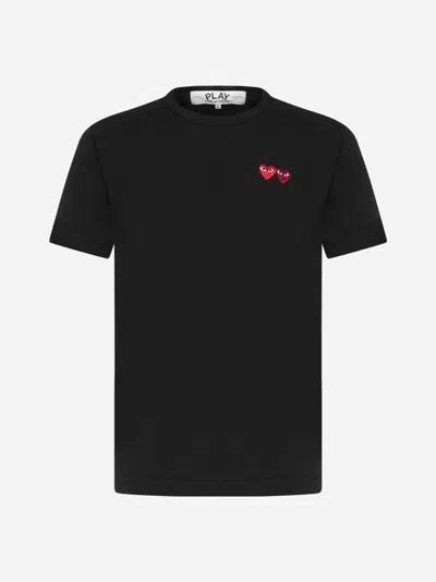 Shop Comme Des Garçons Play Double Heart Patch Cotton T-shirt In Black