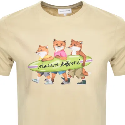 Shop Maison Kitsuné Maison Kitsune Surfing Foxes T Shirt Beige