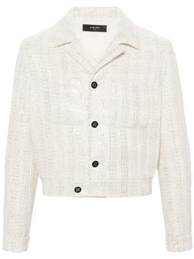 Shop Amiri White Sequinned Bouclé Jacket In Nude