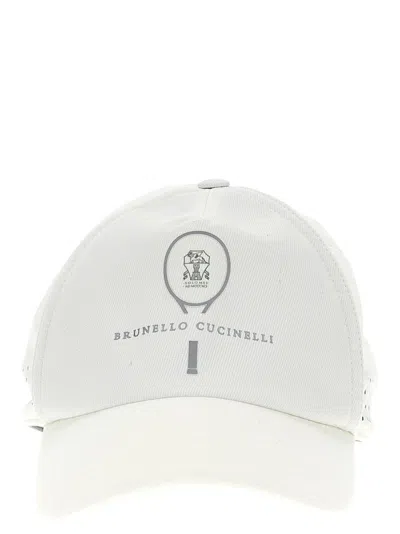 Shop Brunello Cucinelli Logo Printed Curved Hem Baseball Cap In White