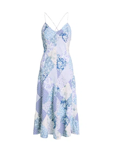 Shop Polo Ralph Lauren Women's Patchwork Cotton-linen Midi-dress In Blue White