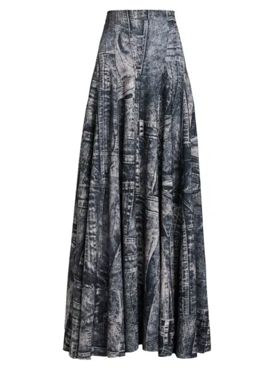 Shop Norma Kamali Women's Grace Print A-line Long Skirt In Black Navy Denim Print