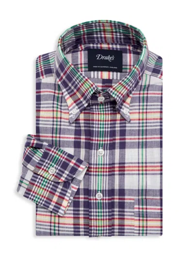 Shop Drake's Men's Plaid Cotton Button-down Shirt In Navy