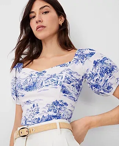 Shop Ann Taylor Toile Puff Sleeve Top In Dazzling Blue