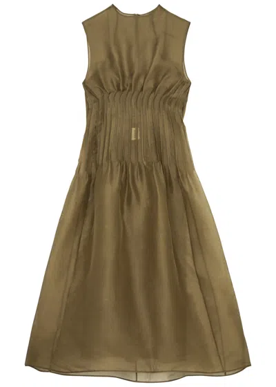 Shop Khaite Wes Pintucked Silk-organza Midi Dress In Brown