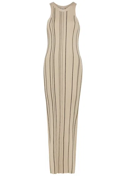 Shop Totême Striped Ribbed-knit Maxi Dress In Beige