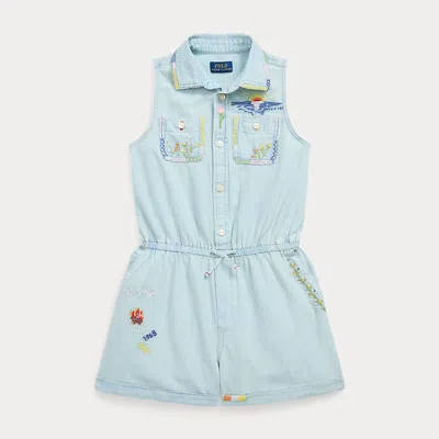 Shop Ralph Lauren Embroidered Cotton Chambray Playsuit In Blue