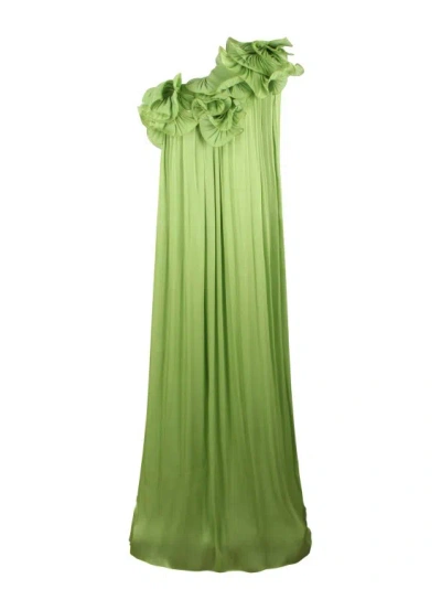 Shop Costarellos Charmain Ruffled Pleated Gown In Green