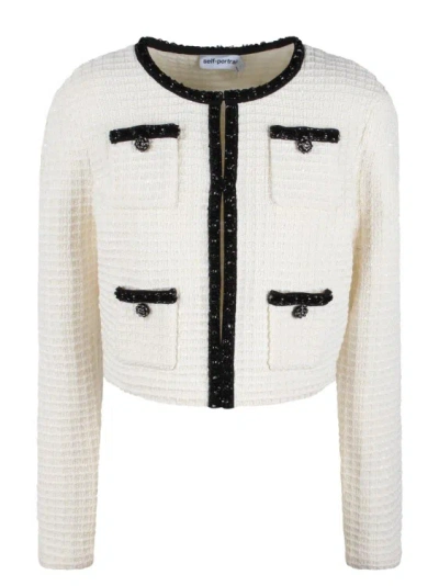 Shop Self-portrait Textured Knit Cardigan In White
