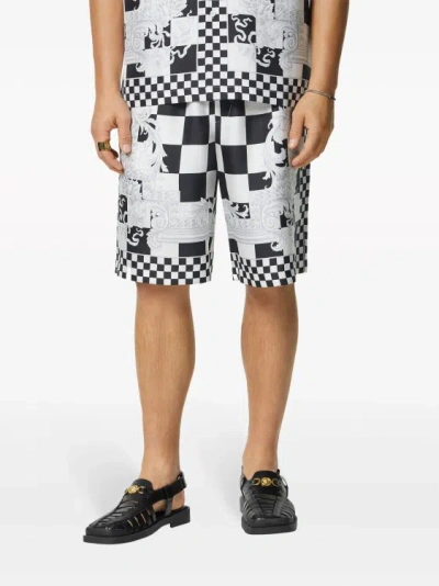 Shop Versace Barocco Checkerboard-print White/black Shorts