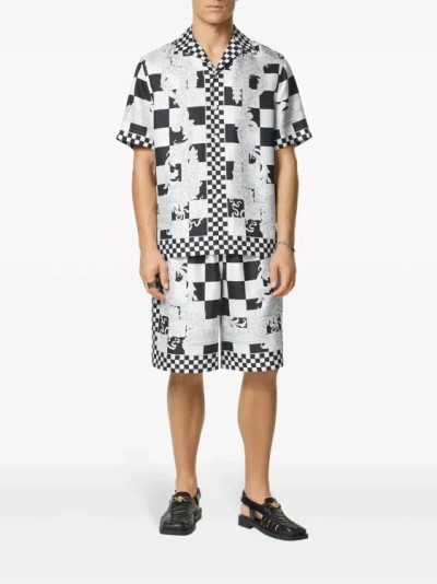 Shop Versace Barocco Checkerboard-print White/black Shorts