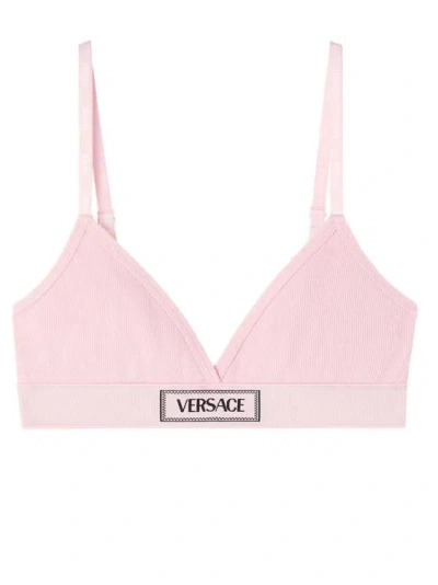 Shop Versace Logo Patch Cotton Blend Pink Bra