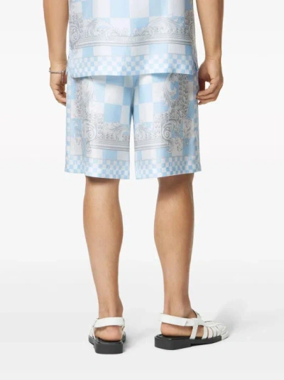 Shop Versace Blue Barocco Checkerboard-print Shorts