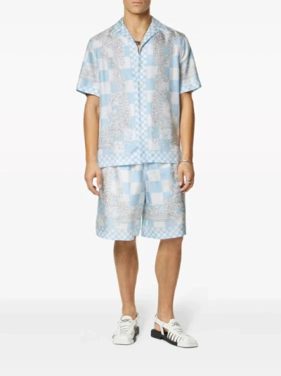Shop Versace Blue Barocco Checkerboard-print Shorts