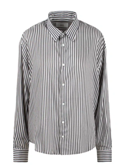 Shop Ami Alexandre Mattiussi Viscose Silk Blend Striped Shirt In Grey