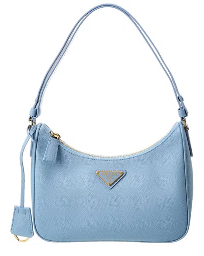 Shop Prada Logo Mini Saffiano Leather Shoulder Bag In Blue