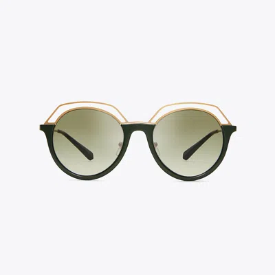 Shop Tory Burch Open-rim Round Sunglasses In Garden/matte Gold