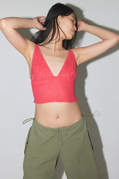 Shop Out From Under Firecracker Smocked Cropped Top In Red, Women's At Urban Outfitters
