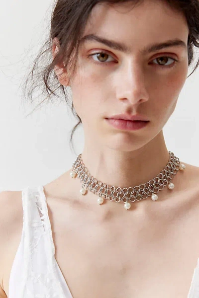Shop Urban Outfitters Pearl & Chain Collar Necklace In Silver, Women's At