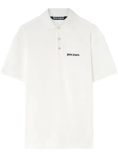 Shop Palm Angels Logo Print Cotton Polo Shirt Off White