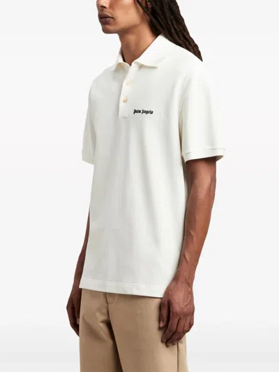 Shop Palm Angels Logo Print Cotton Polo Shirt Off White