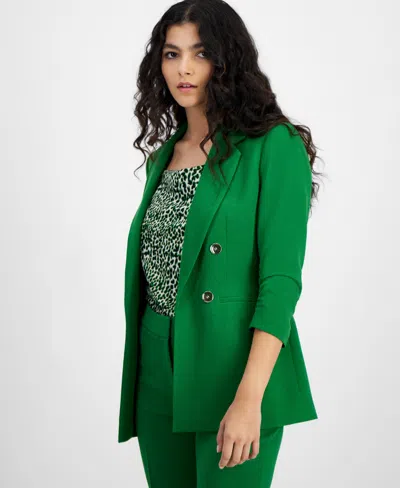 Shop Bar Iii Women's Faux Double-breasted Ruched-sleeve Blazer, Created For Macy's In Green Chili