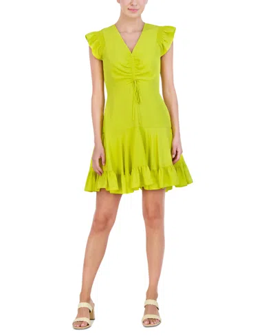 Shop Eliza J Women's Ruched Flutter-sleeve V-neck Dress In Yellow