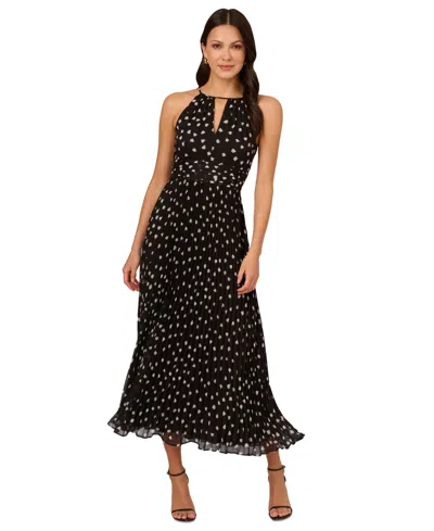 Shop Adrianna Papell Women's Dot-print Pleated Midi Dress In Black,ivory