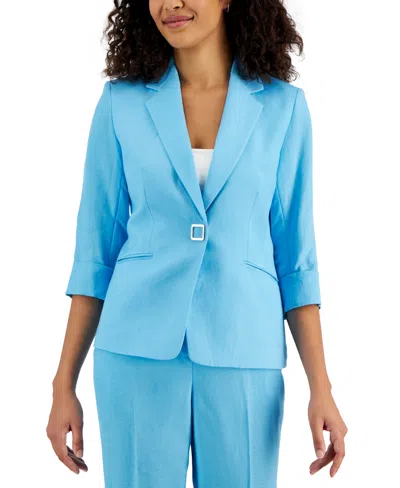 Shop Kasper Petite Linen-blend Button-front 3/4-sleeve Notch-lapel Blazer In Light Azure