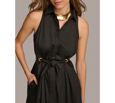 Shop Donna Karan Women's Sleeveless Cotton Fit & Flare Shirtdress In Black
