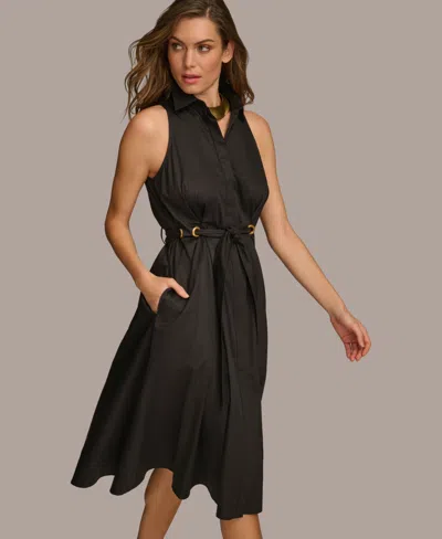 Shop Donna Karan Women's Sleeveless Cotton Fit & Flare Shirtdress In Black