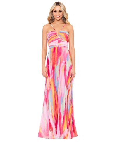 Xscape Print Pleated Gown In Fuschia Multi