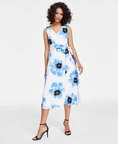 Shop Anne Klein Women's Floral Print Sleeveless Midi Dress, Pxxs-3x In Bright White,shore Blue
