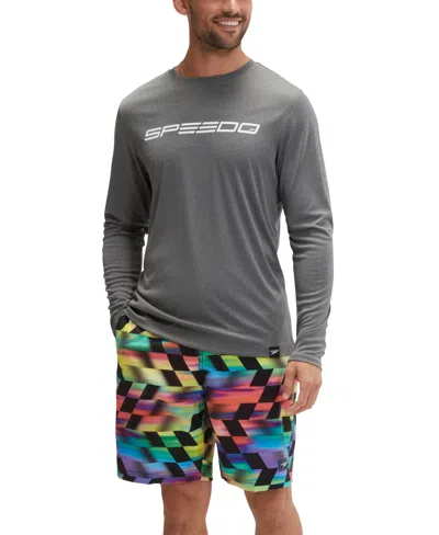 Shop Speedo Men's Long Sleeve Crewneck Performance Graphic Swim Shirt In Anthracite