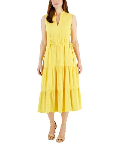 Shop Anne Klein Women's Split-neck Sleeveless Tiered Midi Dress In Golden Yel