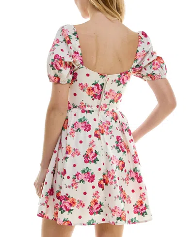 Shop City Studios Juniors' Floral Print Puff-sleeve Fit & Flare Dress In Blush,mage