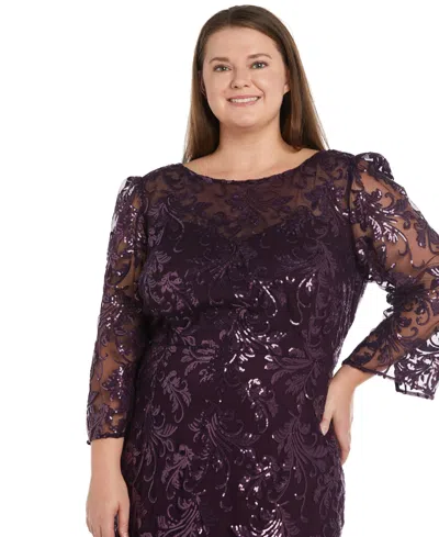 Shop R & M Richards Plus Size Sequined Embroidered Gown In Plum