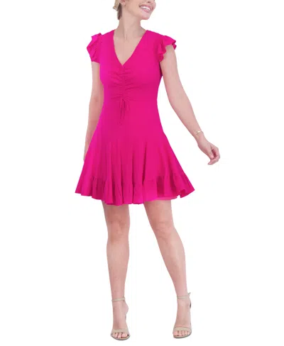 Shop Eliza J Women's Ruched Flutter-sleeve V-neck Dress In Hot Pink