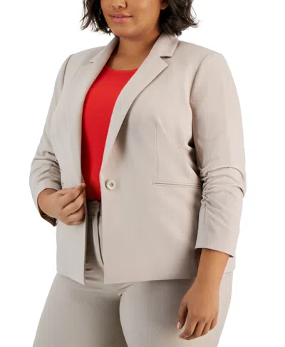 Tahari Asl Plus Size Notched Collar Ruched-sleeve Blazer In Sand
