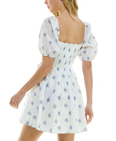 Shop City Studios Juniors' Eyelet Floral Print Puff-sleeve Fit & Flare Dress In White,blue