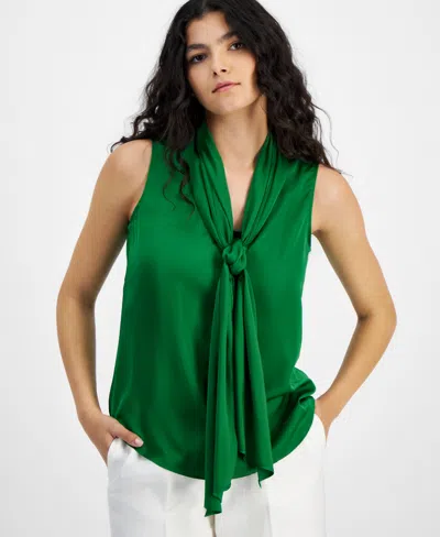 Shop Bar Iii Women's Tie-neck Sleeveless Satin Blouse, Created For Macy's In Green Chili