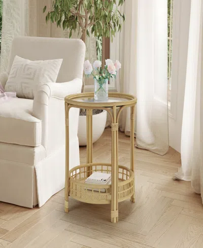 Gallerie Decor Bimini Glass Top Rattan Side Table In Walnut Finish