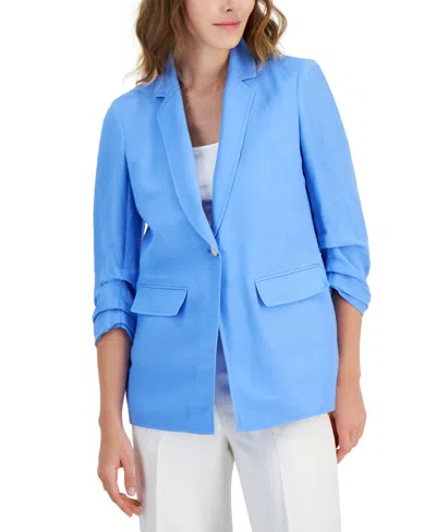 Shop Anne Klein Women's Linen-blend, One-button Scrunch Sleeve Blazer In Shore Blue
