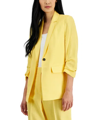 Shop Anne Klein Women's Linen-blend, One-button Scrunch Sleeve Blazer In Golden Yel